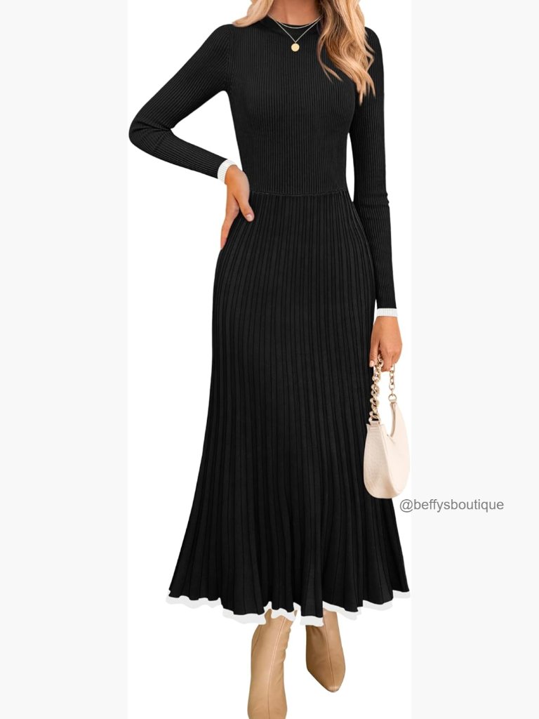 Long Sleeve Ribbed Knit Pleated A-Line Maxi Sweater Dress